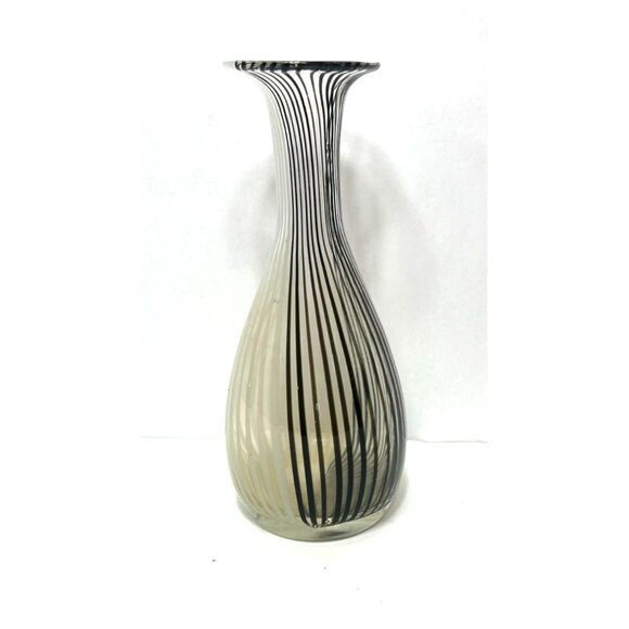 Vintage Dino Martens Style Black White Striped Murano Glass Vase 1960s Art Glass - Picture 2 of 8